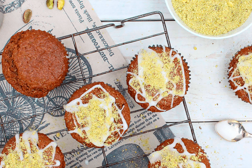 Chai Latte Bran Muffins with Pistachio Glaze